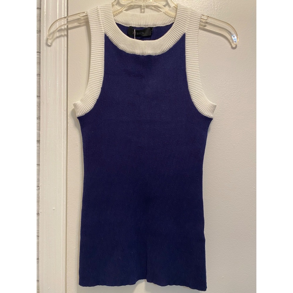 Zesica Knit Tank Top Navy White Trim Classic Ribbed Racerback NWT Size L